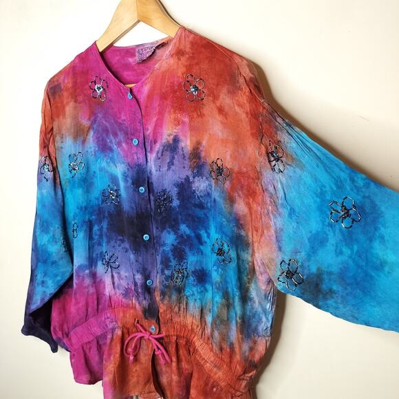 2 Of Us Tie Dye Button Up Shirt Beaded Flower Boho Hippie - Picture 6 of 14